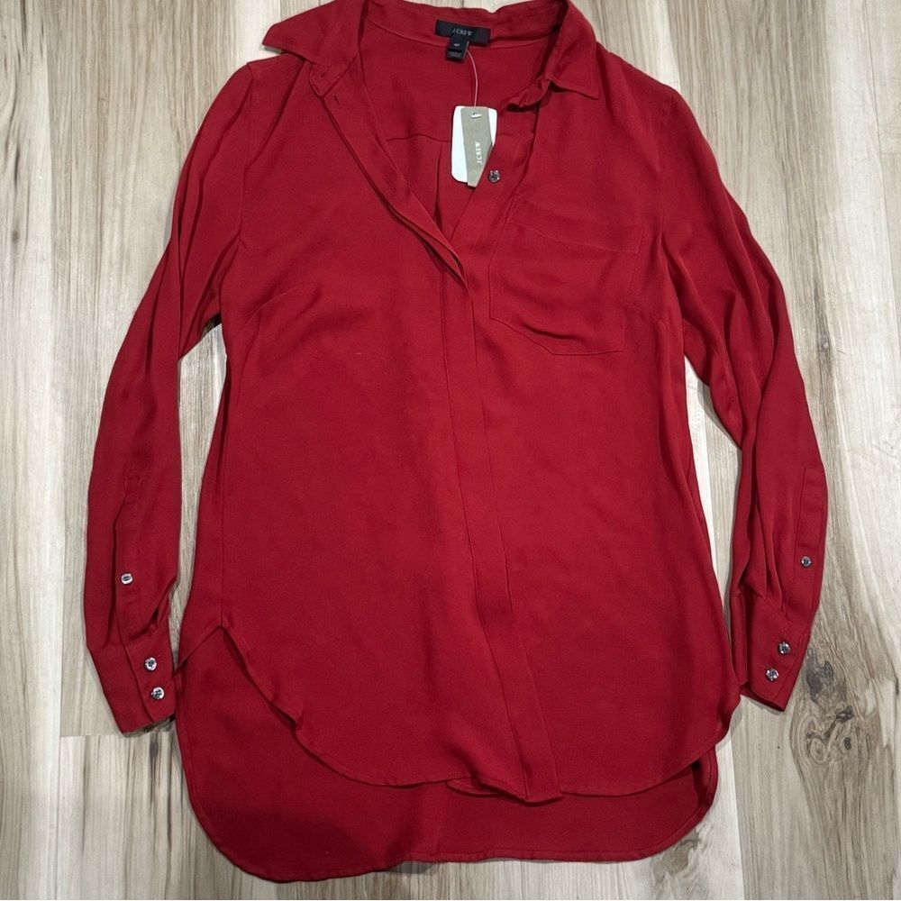 NEW J. Crew Red Silk Pocket Blouse Women’s 4P